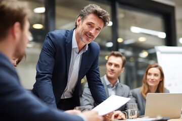 Poster - Business professional leading a team discussion in an office setting during a productive meeting in the afternoon
