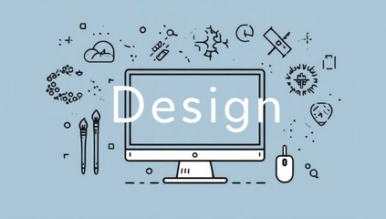 Flat design graphic of computer monitor with design text and related icons