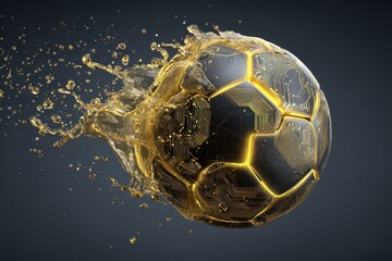 Poster - Futuristic glowing golden soccer ball splashes through liquid in a dynamic display of technology and design during an imagined sporting event