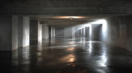 Poster - A spacious underground area features a smooth, reflective concrete floor. Soft shafts of light break through, casting an ethereal glow in the early morning.