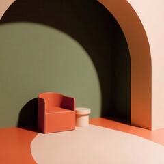 Poster - Coral armchair and small table in a modern interior design.
