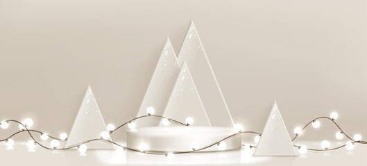 Poster - Xmas podium with beige triangular trees, round platform wrapped by twisting bulb garland on cream minimalist background. Elegant Christmas holiday display for winter seasonal decoration scene.