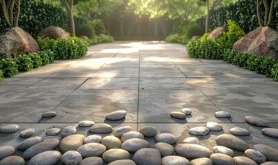 Stone paved path through green garden landscape with natural sunlight