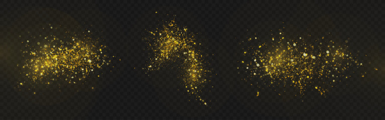 Poster - Gold dust explosions with shimmer particles - glowing yellow splatter bursts, metallic powder clouds and sparkling fragments. Luxury magic effects for celebration designs and festive decorations.