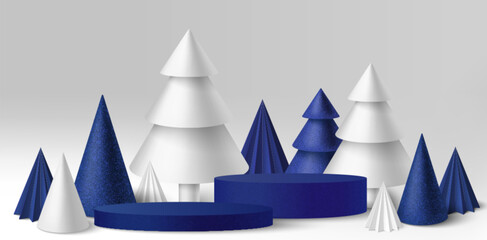 Poster - Blue Christmas podium stage with geometric cone pine trees in navy and white colors, round platforms for product display. Modern minimalist holiday showcase design for seasonal branding, presentation.
