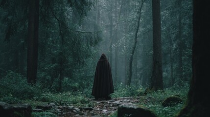 Wall Mural - a cloaked figure wanders down a moss-covered path in a dense forest. soft fog envelopes the trees as
