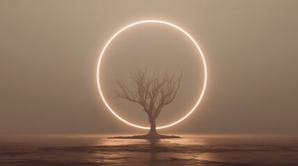 Wall Mural - a solitary tree stands on an isolated patch of land, encircled by a glowing ring against a misty bac