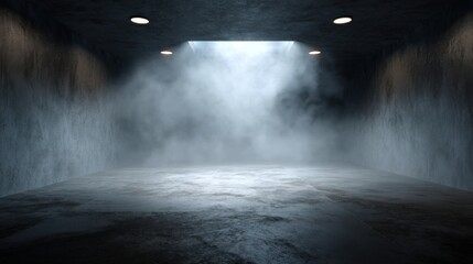 Poster - A dimly lit room features beams of light breaking through the fog, creating an eerie ambiance. The walls and floor are concrete, enhancing the mysterious mood of the space.