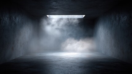 Poster - A dark, empty room features a narrow window at the top, allowing beams of light to illuminate swirling fog. The rough concrete walls create a moody, atmospheric setting.