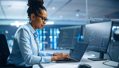 woman programmer coding at desk with multiple monitors