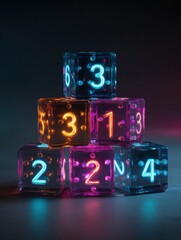Poster - Neon Dice Arranged as a Countdown Timer With a Clear Display at the Bottom Showcasing Vibrant Colors and Glowing Numbers