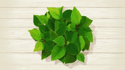 Poster - Lush green leaves clustered on a light wood surface.
