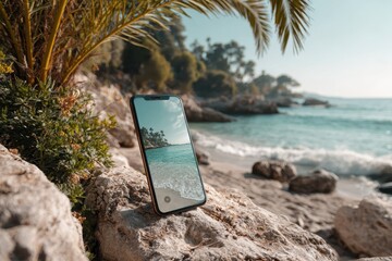 Poster - Relaxing at the beach with a smartphone capturing stunning ocean views and tropical vibes during a sunny afternoon in a picturesque coastal paradise
