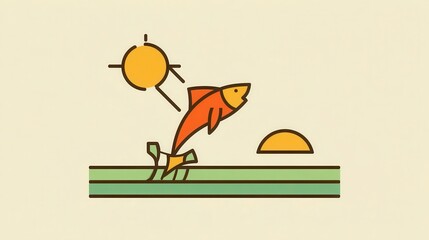 Poster - Simple graphic of a fish jumping out of water with sun and sunset.