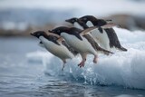Adelie penguins leap from icebergs into the ocean in Antarctica during spring, showcasing their agility and spirited nature in the wild