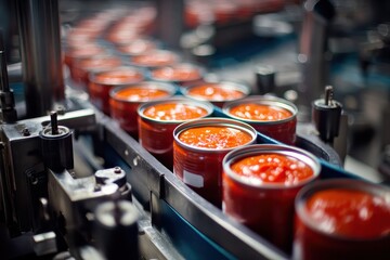 Poster - Vibrant display of industrial automation showcasing the production of canned tomato sauce in a food processing facility during daytime hours