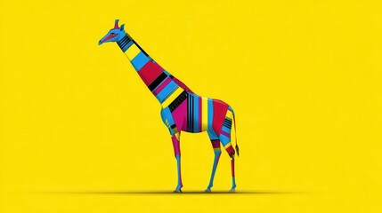 Poster - Colorful giraffe design against a bright yellow background.
