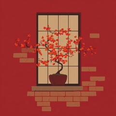 Poster - Bonsai tree with blossoms in a window.