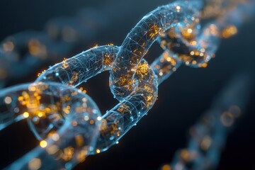 Poster - Illustration of blockchain technology showcasing a digital chain with glowing links represented in a futuristic style set against a dark background