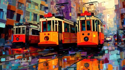 Poster - Colorful urban scene with trams on a rainy day.