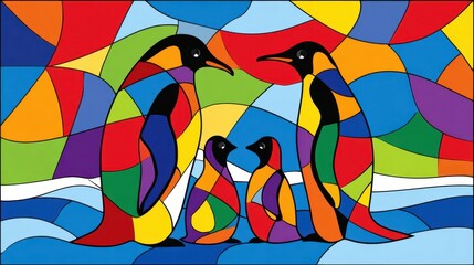 Poster - Colorful penguins in a vibrant stained glass style design.