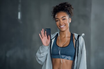 Poster - Young athletic Black woman waves with a smartphone, showcasing an active lifestyle in a modern urban gym environment during daylight hours