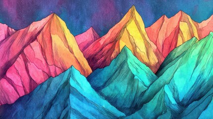 Poster - Vibrant multicolored mountain range illustration.