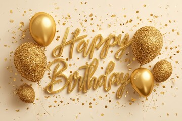 Poster - Creative birthday greeting design with sparkling gold text and festive balloons for a joyful celebration