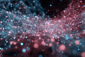 Poster - Innovative blockchain technology visualizes interconnected networks with colorful nodes and lines, showcasing data flow and communication patterns in a digital landscape
