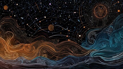 Poster - A cosmic, abstract landscape of swirling lines.