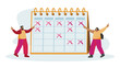 © Faran Arts - Two people pointing at a calendar with red x marks indicating days crossed out on the schedule grid 100 char