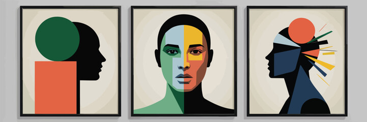 Poster - Colorful Face Art: Three panels showcase a vibrant collection of graphic art pieces, each employing geometric shapes and an array of vivid colors to form intriguing portraits. 