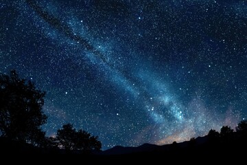 Wall Mural - sky full of stars at night over a serene landscape with silhouetted trees and distant mountains