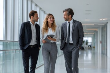 Poster - Business professionals engage in conversation while walking through a modern office corridor in a collaborative setting during a productive workday