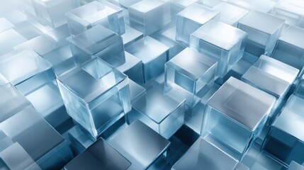 Poster - Clusters of transparent glass cubes are arranged on a reflective surface, creating an abstract modern composition. Light interacts with the surfaces, enhancing the visual appeal.