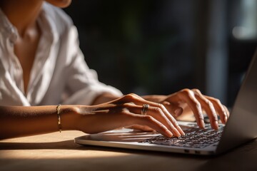 Poster - Closeup of hands working on a laptop in a cozy indoor setting during early morning light