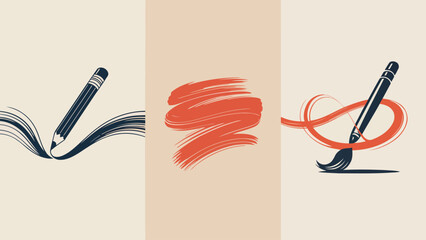 Poster - Creative Trio: Pencil and Brush Stroke Display, A artistic composition unveils the essence of creative tools. Each element seamlessly intertwined, conveying the essence of art. 
