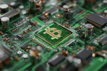 Poster - Exploring blockchain technology through a detailed view of a green printed circuit board featuring a cryptocurrency symbol