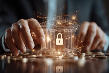 Aufkleber - Digital security concept showcasing hands interacting with a virtual bank structure symbolizing protection of assets and information in a tech-driven environment