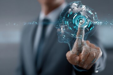 Poster - Businessman interacts with virtual intelligence interface in a modern office environment, showcasing the integration of technology and innovation in professional settings
