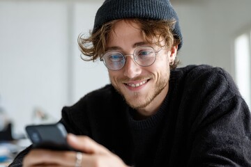 Poster - Happy young Caucasian man in a cozy sweater using his smartphone while sitting indoors in a bright, modern setting