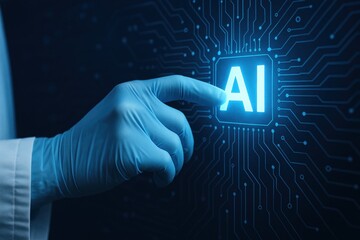 Poster - AI Interaction: A gloved hand interacts with a digital AI interface, representing human-machine collaboration, innovation and the future of technology. 