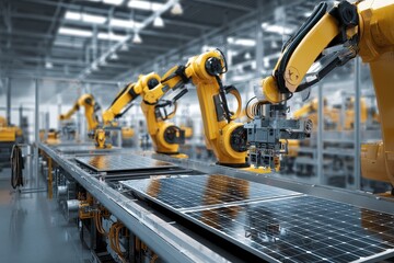 Poster - Industrial robots operate along a large production line assembling solar panels in a high-tech manufacturing facility