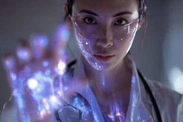 Poster - Female Asian medical professional using advanced technology to analyze patient data in a futuristic healthcare setting