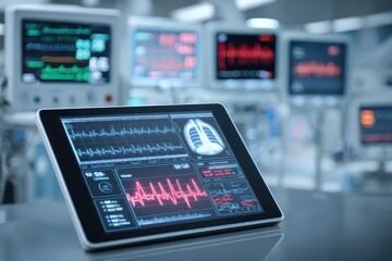 Aufkleber - Monitoring vital signs on a tablet screen in a modern medical facility during assessment of patient health status