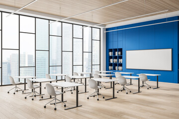 Poster - modern classroom interior with white desks, chairs, and large whiteboard in front of blue wall and p