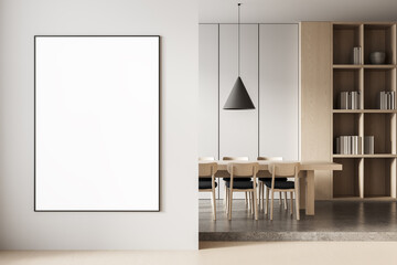 Poster - Blank poster mockup in modern dining room interior with wooden furniture, bookshelf and pendant light, clean minimal wall background design concept. 3D Rendering