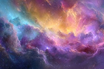 Poster - Colorful cosmic clouds create a vibrant rainbow nebula filled with dazzling hues and shimmering stars in the vastness of space