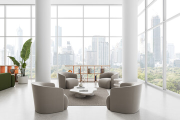 Poster - modern lounge area interior with minimalist furniture and panoramic city view through large windows 