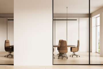 Poster - Empty white wall mockup in modern office interior with glass partition and brown chairs around meeting table, perfect for poster or canvas design template. 3D Rendering